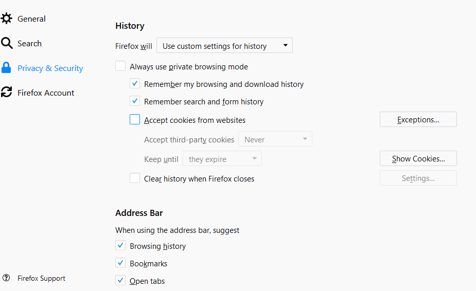 Firefox Cookie Settings